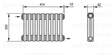 Схема (чертеж) Радиатор Zehnder Charleston 2030/9 №1670 Белый глянцевый RAL 9016